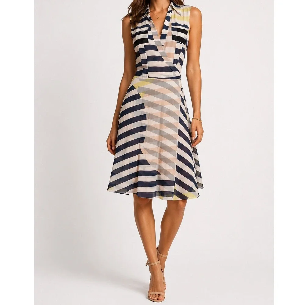 Diane von Furstenberg DVF Silk Striped Wrap Dress Navy Pink Sleeveless Size 2